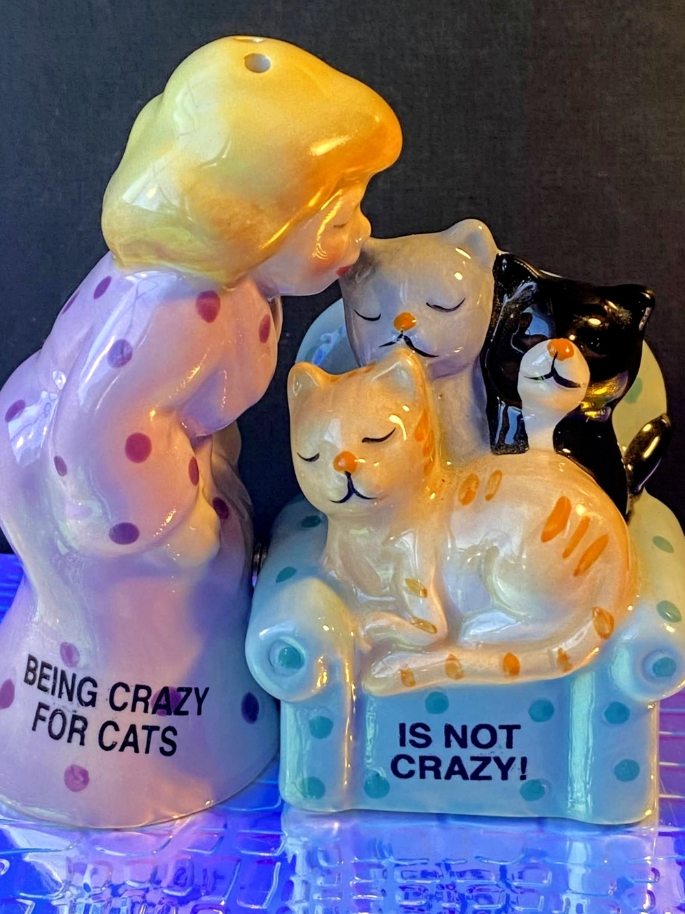 Ceramic Cat Figurine Salt & Pepper Shakers - Yellow, Purple, Blue